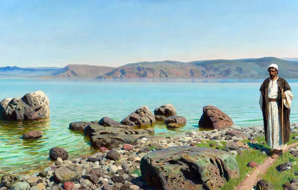 Picture Lake, Stones, Picture, Male, Vasily Polenov, Russian artist, Vasily Polenov, On Lake Tiberias (Gennesaret)