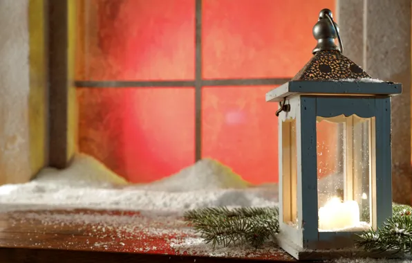 Picture winter, snow, decoration, New Year, window, Christmas, lantern, Christmas