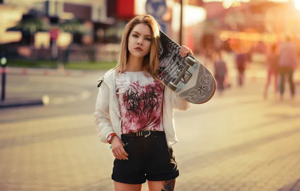 Picture look, girl, pose, shorts, t-shirt, skateboard, Artem Castle