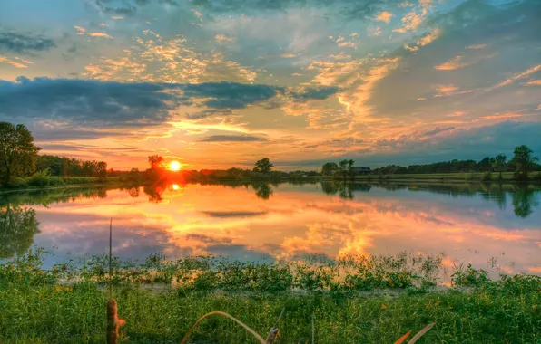 Picture clouds, sunset, river