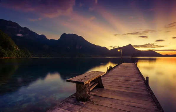Sunset, bridge, lake, bench