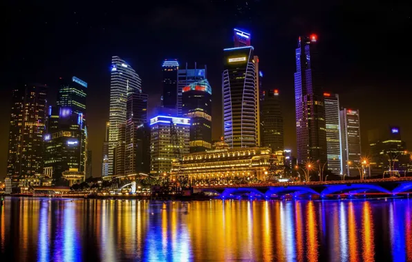 Water, the city, lights, reflection, color, building, Thailand, Bangkok