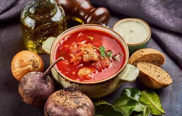 Oil, bow, bread, vegetables, soup, sour cream, beets