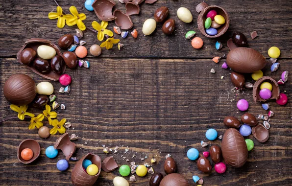 Chocolate, eggs, colorful, candy, Easter, wood, chocolate, spring