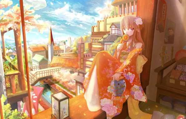 Bridge, river, tower, plants, spring, flashlight, girl, kimono