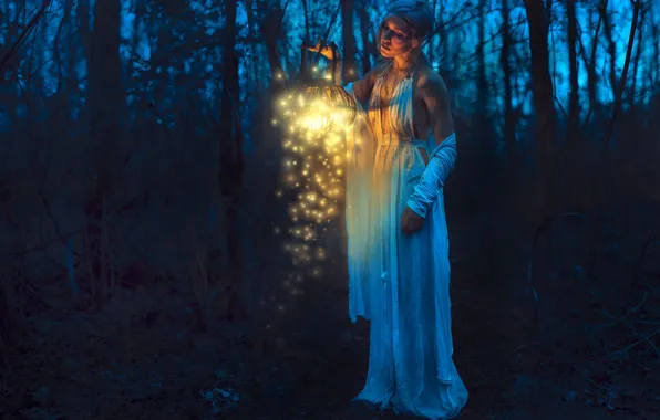 Picture forest, girl, night, mood, lantern