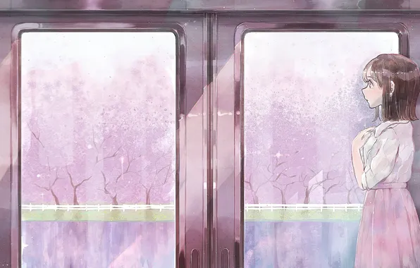Girl, train, spring, Sakura, flowering