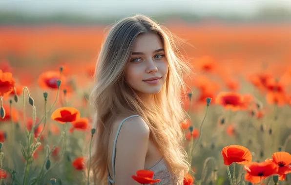Field, summer, look, girl, flowers, smile, Maki, portrait