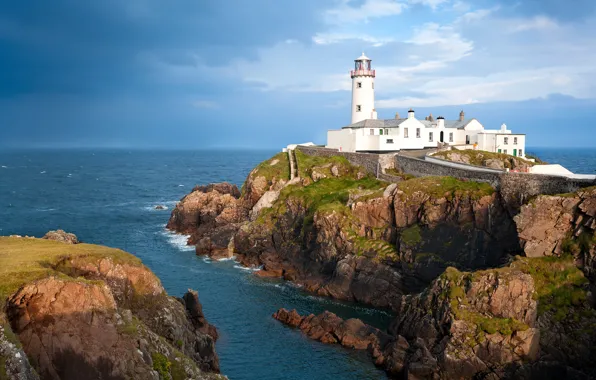 Sea, the sky, clouds, rocks, shore, lighthouse, horizon, Ireland