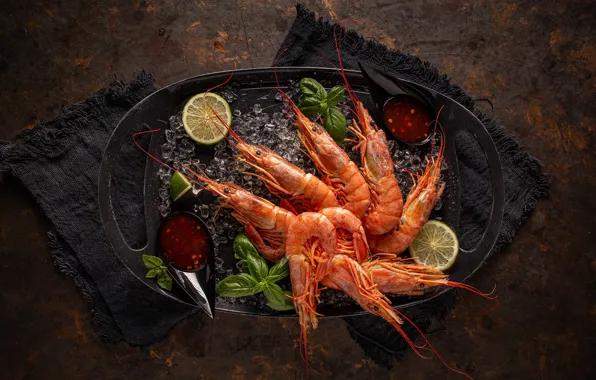 The dark background, ice, fabric, lime, sauce, tray, dish, shrimp