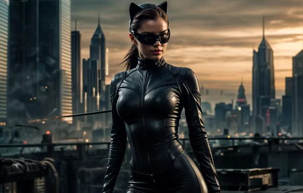 Roof, girl, the city, cat woman, the image is generated by AI