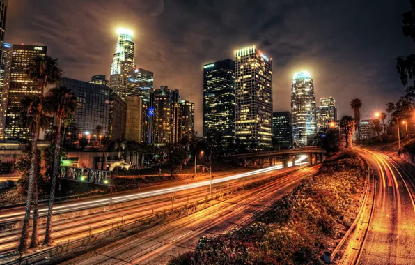 Night, home, Los Angeles, skyscrapers, road., sity, Los Angeles