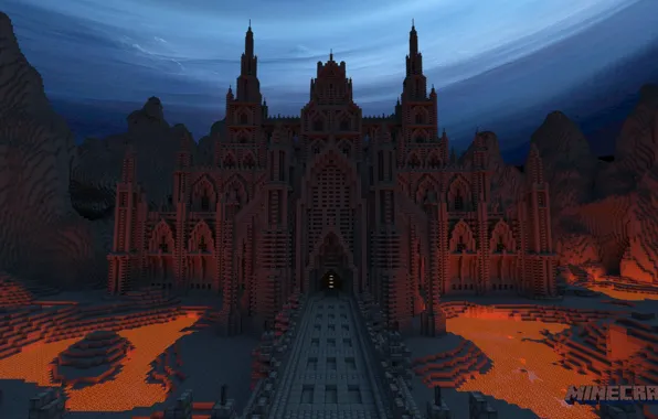 Road, the sky, mountains, night, blocks, lava, Palace, Minecraft