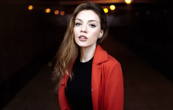 Look, red, lights, pose, background, model, makeup, hairstyle