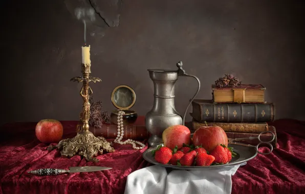 Apples, books, candle, necklace, strawberry, knife, dishes, still life