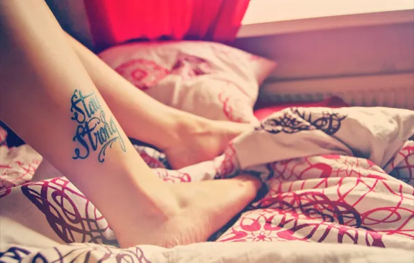 Text, the inscription, feet, tattoo, bed, tattoo