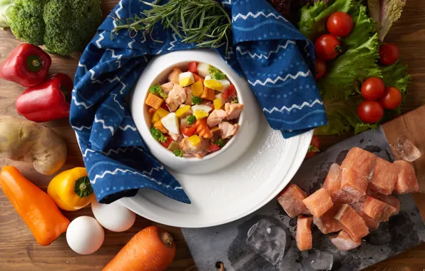 Meat, pepper, vegetables, tomato, carrots, dish