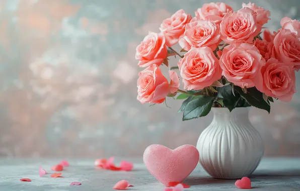 Flowers, table, holiday, heart, roses, bouquet, heart, petals