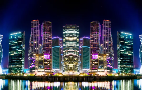 Night, lights, river, home, skyscrapers, Moscow, Russia, capital