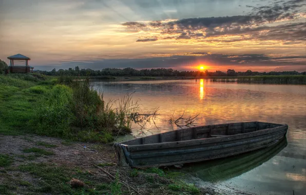 Picture lake, boat, the evening, gazebo, sunset
