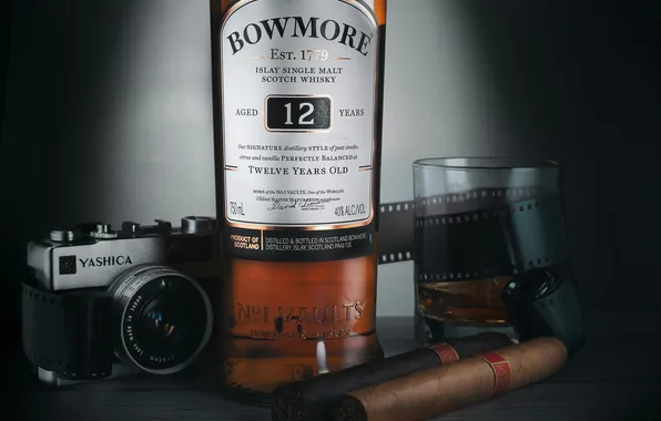 Camera, cigars, whiskey, Bowmore, scotch whisky