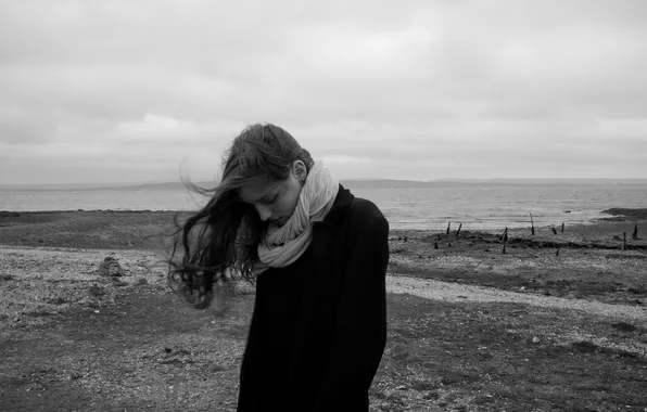 Picture sea, the wind, shore, hair, scarf, b/W, singer, weather