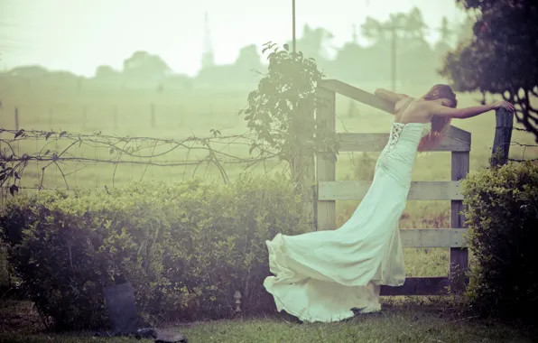 Girl, nature, the fence, the bride, wedding dress, wedding, bride