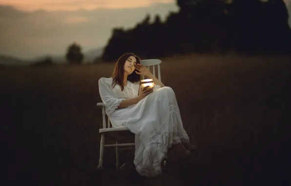 Field, grass, girl, light, nature, face, pose, the dark background