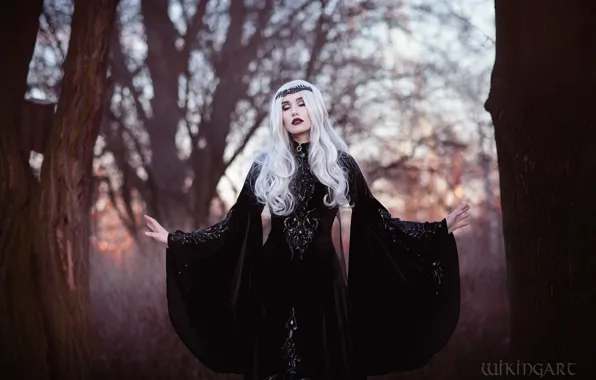 Girl, trees, branches, nature, pose, fog, style, Park