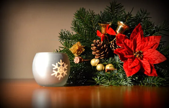 Picture flower, branches, new year, candle, bells, needles, bumps, decor