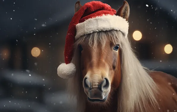 Face, horse, horse, Christmas, New year, pony, bokeh, the Santa hat