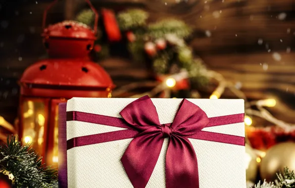 Box, gift, Christmas, lantern, New year, bow, needles, bokeh