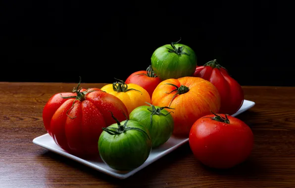 Drops, table, bright, harvest, green, red, black background, orange
