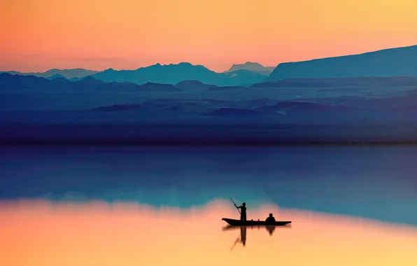 Mountains, river, boat, silhouette
