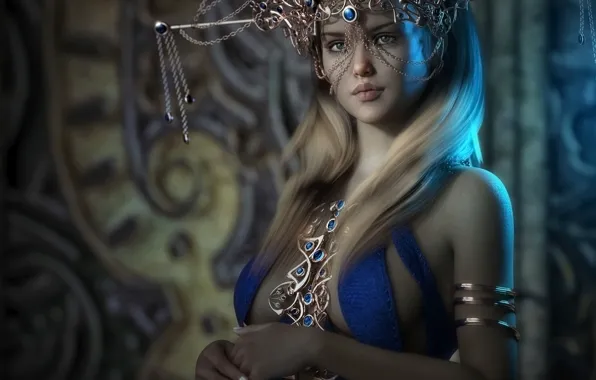 Chest, girl, decoration, rendering, crown, blonde, costume, outfit