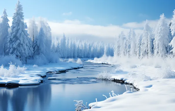 Winter, forest, snow, nature, shore, ate, frost, pond