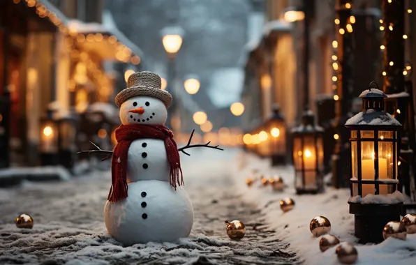 Winter, snow, street, new year, Christmas, snowman, Christmas, night