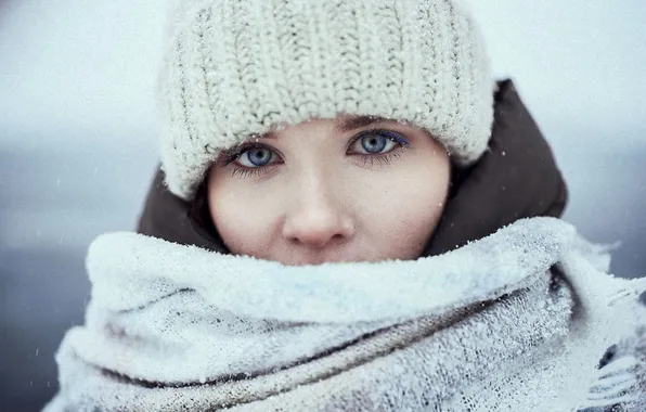 Eyes, look, girl, hat, scarf, Artem Semakin