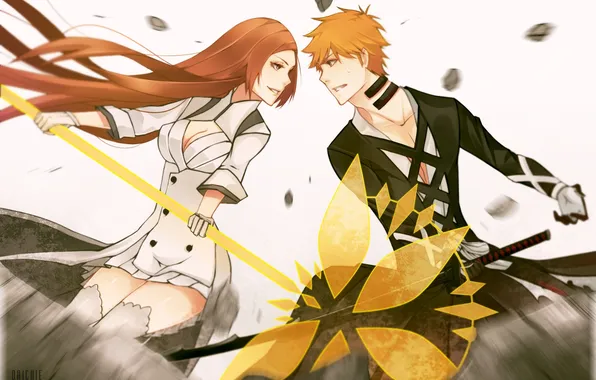 Picture girl, smile, weapons, sword, guy, the battle, Bleach, Bleach