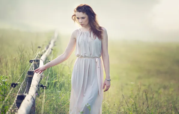 Grass, girl, reverie, morning, fence, bracelet, brown hair