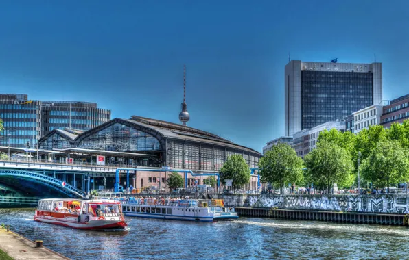 Bridge, the city, river, HDR, home, Germany, boats, Berlin