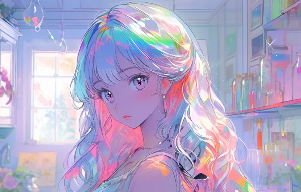Girl, blue eyes, long hair, in the room, bangs
