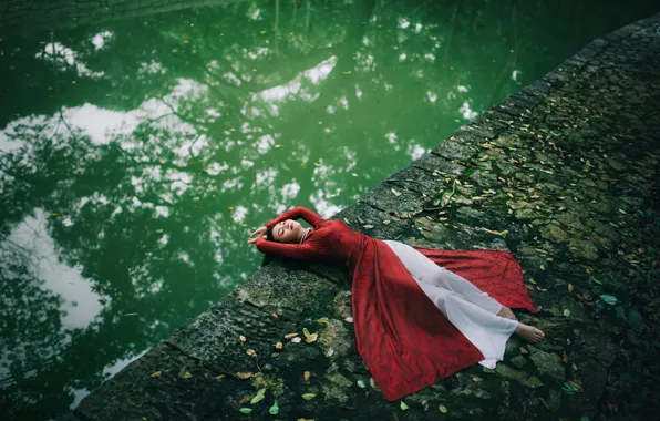 Girl, pose, lies, Asian, red dress, pond, closed eyes