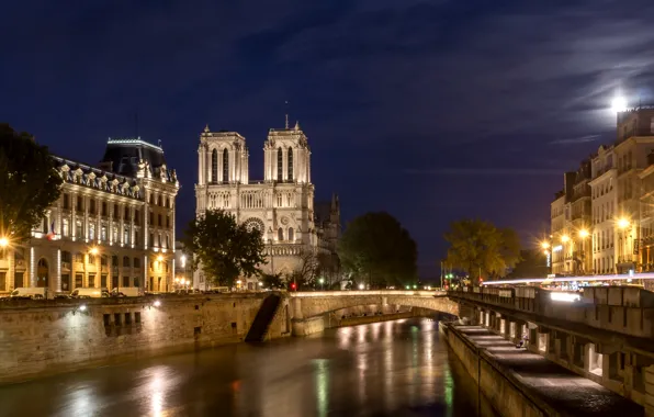 Night, bridge, lights, river, France, Paris, home, lights