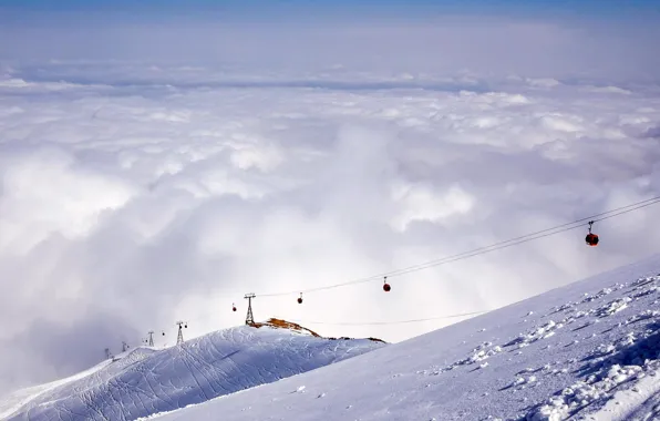 Clouds, snow, mountains, The Himalayas, cable car