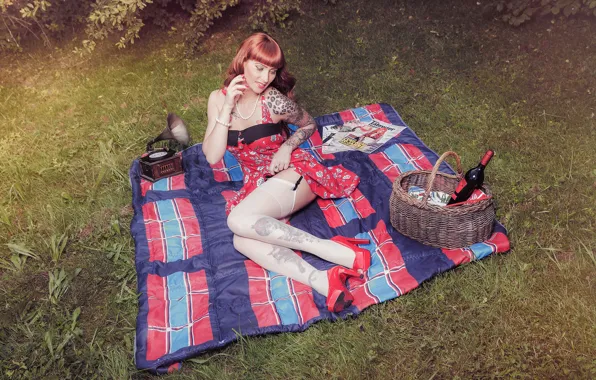 Picture girl, style, wine, basket, stockings, dress, blanket, tattoo