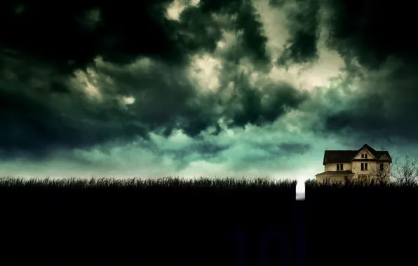 Field, grass, clouds, house, fiction, the evening, Thriller, poster
