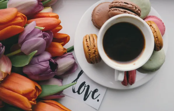 Picture coffee, bouquet, cookies, coffee, macaron, almond
