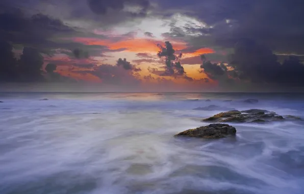 The sky, clouds, clouds, stones, dawn, shore, Sea, morning