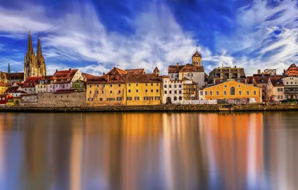 The sky, the sun, clouds, bridge, river, home, Germany, panorama